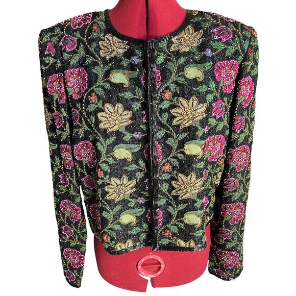 Vintage Stenay Size Medium 100%‎ Silk Fully Beaded Floral Evening Blazer Jacket - Picture 1 of 9